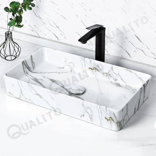 Image of QUALITO Designer Table Top Wash Basin for Bathroom, Living Room, Hall, Dinning Room | Big Size Ceramic Vessel Sink /Basin | Glossy Finish Marble Vanity Basin (24x14x5 Inch, Lito)