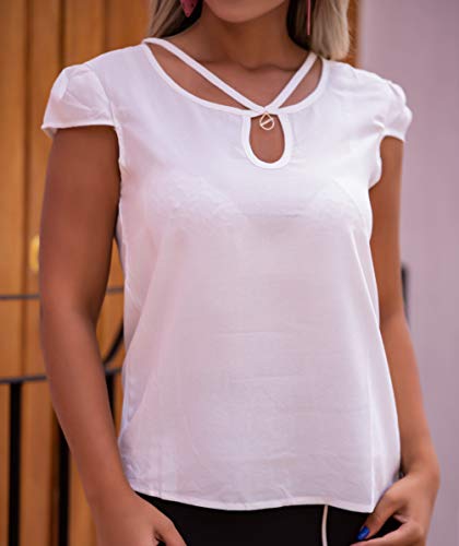 Blusa Feminina Social Manga Curta Moda Evangelica Executiva(P/38, Branco)