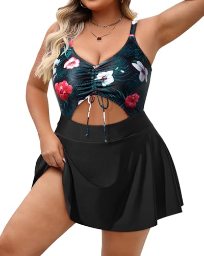 Yonique Women Plus Size One Piece Swimsuits with Skirt V Neck Floral Printed Swimdress Cutout Bathing Suits