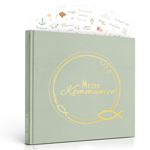 Legezon Gästebuch Kommunion Geschenk zur Erstkommunion Junge & Mädchen Gastgeschenk Kommunion Inclusive Aufkleber Kommunion 96 Seiten Kommunion Deko (Flachsgrün)