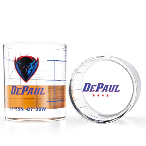 Image of Greenline Goods DePaul University Blue Demons Whiskey Glasses Set of 2, 10 oz Rocks Glasses with Full-Color Logo & Campus Map - Officially Licensed Bourbon Glass Gift for Alumni & Fans