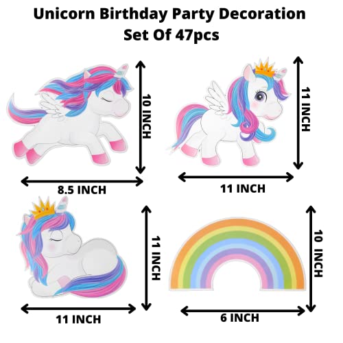 Image of Party Decorz Unicorn Theme Birthday Decoration Set Of 47pcs(1pcs Happy Birthday Banner +12pcs Unicorn Paper Cutout +2pcs Props +1pcs Cake Topper+1pcs Blue Curtain +30pcs Balloons) For Rainbow Theme