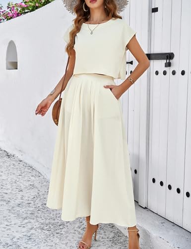Image of HangNiFang Summer Skirt Sets Women 2 Piece Outfits Cap Sleeve Top Elastic Waist Maxi Dress Sets with Pockets