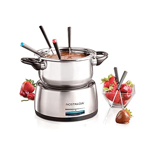 Comparison: Best Electric Fondue Pot 3 Nostalgia 6-Cup Electric Fondue Pot Set for Cheese & Chocolate - 6 Color-Coded Forks, Temperature Control - Stainless Steel Kitchen Gadgets and Appliances for Hors d'Oeuvres and More - Stainless Steel