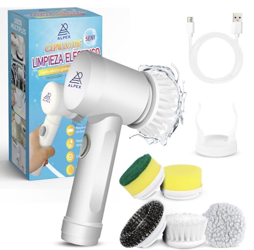Alpex© Cepillo De Limpieza Electrico | Escoba Giratoria para Hogar | Incluye 5 Accesorios Reemplazables | Recargable | Cleaning Brush para Baño/Cocina/Coche