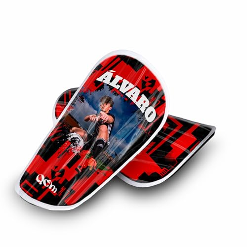 Espinilleras de Fútbol Personalizadas, Personalizables con Foto y Nombre con Número, para Niño y Adulto (Rojo y Negro, Mini)