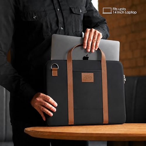 Image of Laptop Sleeve with Handle Upto 14 Inch for Men & Women | Ultra Slim Lightweight | Detachable Shoulder Strap | for MacBook Air /Pro, Asus, Lenovo, Dell & More|Gift for Office & Daily Travel (Black)
