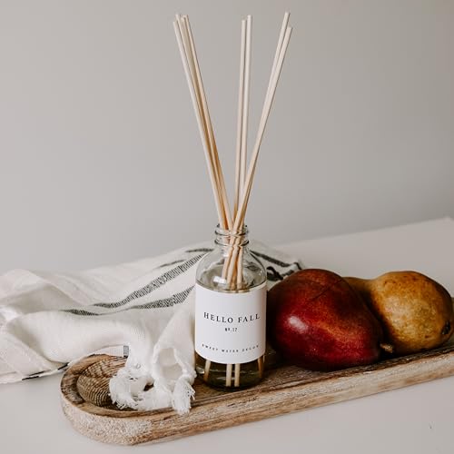 Image of Sweet Water Decor Hello Fall Reed Diffuser Set - Hot Cider, Cinnamon, Cloves, Apple, and Nutmeg Scented Diffuser - Scent Diffusers for Home, Long Lasting Fragrance, Made in the USA