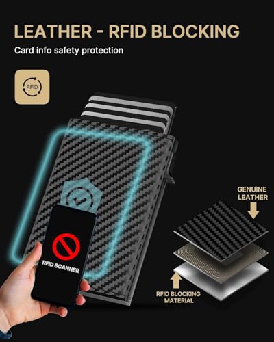 Image of Mens Wallet Card Holder: Genuine Leather, Smart, RFID Blocking, Slim, Pop Up Aluminum Case, Minimalist, Front Pocket - 9-14 Card Capacity, ID Window, Cash Slot (Minimalist Carbon Fiber Black)