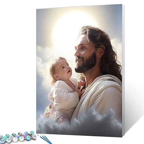 Jesus Holding a Baby on a Cloud Paint by Numbers Kits for Adults Clown DIY Canvas Oil Painting Acrylic Pigment Kits Christ Style Paint by Number Home Wall Art Decor Gift Artwork 16x20In (Frameless)