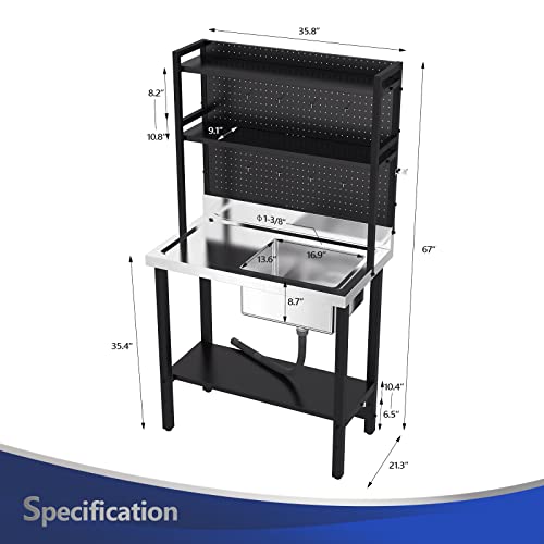 Image of VINGLI 67'' Commercial Sink with Drainboard and Adjustable Shelves Pegboard for Hanging Tools, 304 Stainless Steel Table Freestanding Utility Counter Restaurant, Garage Silver & Black 1