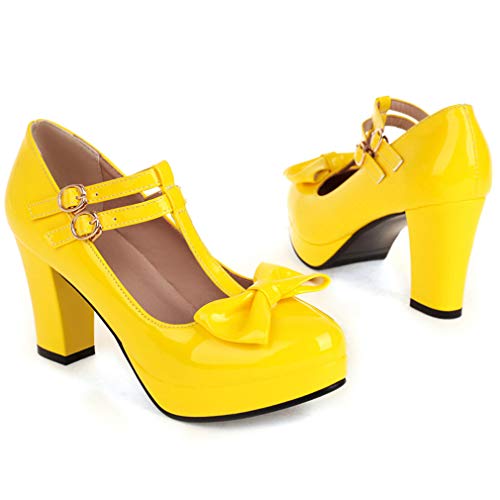 Parisuit Womens T Strap Platform Mary Jane Shoes Chunky High Heels Patent Leather Pumps with Bow2