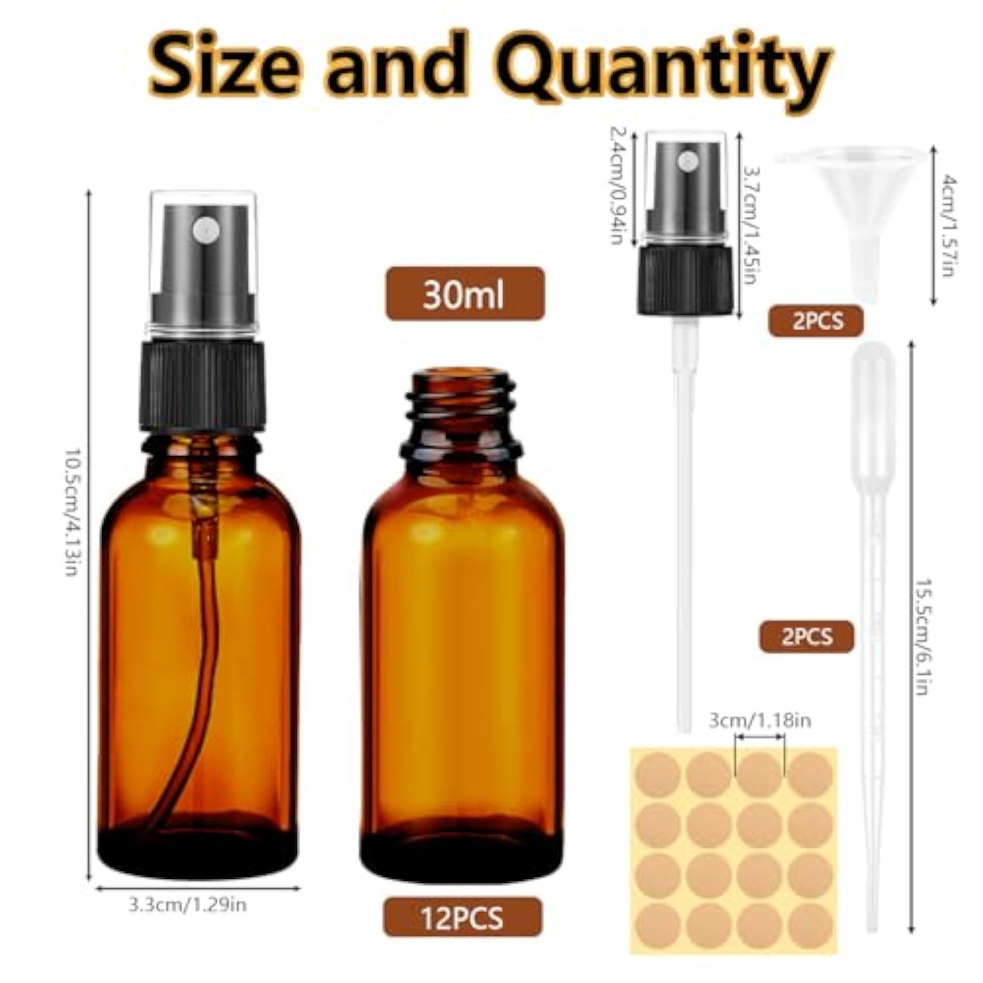 30ml Amber Glass Spray Bottle, 12pcs Fine Mist Atomizer Set