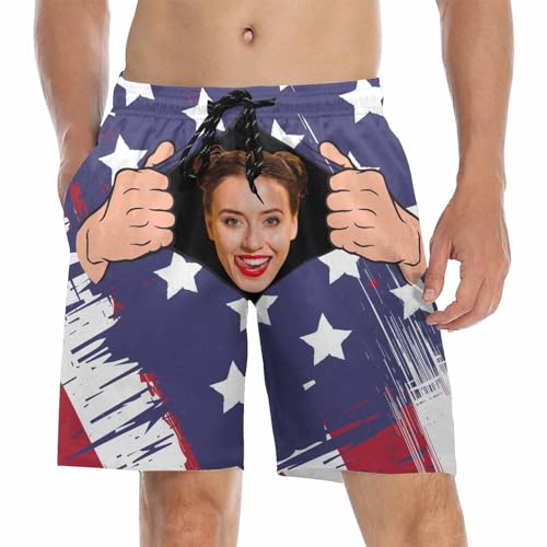 Custom Men's Swim Trunks with Faces，Custom Swim Trunks Tropical Floral Personalized Board Shorts with USA Flag