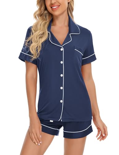 Image of Anjue Womens Pajamas Set Short Sleeve Sleepwear Button Down Nightwear Shorts Soft Pj Sets S-XXL