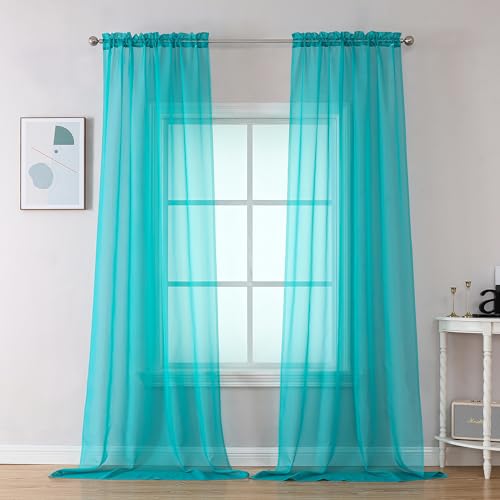 Image of OVZME 2 Panels Sheer Window Curtain Panels 96 inch Length for Bedroom, Top Rod Pocket Design Window Treatment for Living Room, 42W x 96L inches, Turquoise