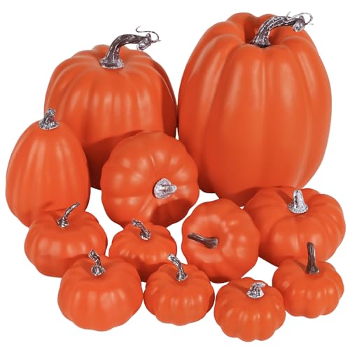 Artmag Package of 12 Pcs Assorted Sizes Artificial Orange Pumpkins Large Fake Faux Harvest Pumpkins for Fall Thanksgiving Halloween Seasonal Holiday Decor Decoration Dark Orange