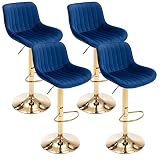 Kiztir Velvet Bar Stools Set of 4, Adjustable Counter Height Bar Stools with Back and Footrest, Gold Swivel Bar Stools Set of 4 for Kitchen Island, Bar, Cafe (Blue)