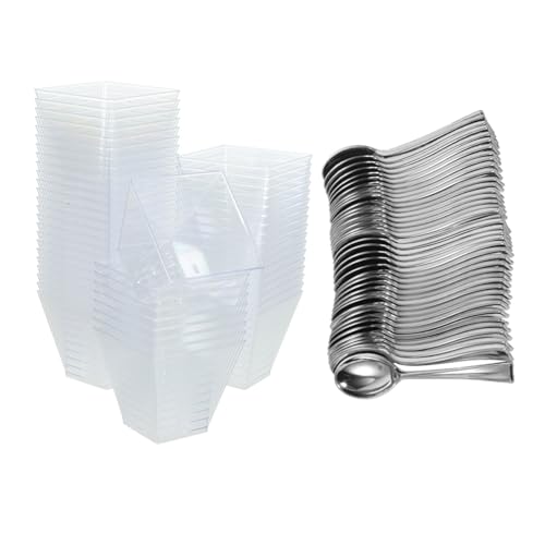 PRETYZOOM 20pcs Small Square Mousse Dessert Cup Appetizer Cups with Spoon Party Pudding Cup Trifle Bowl Replaceable Dessert Cup Delicate Mousse Cup Yogurt Parfait Container Transparent