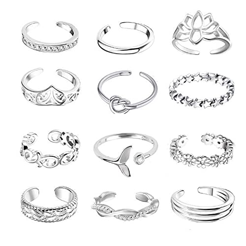 Gflpo 12Pcs Silver Open Toe Rings For Women Adjustable Vintage Retro Toe Rings Flower Heart Band Open Tail Ring Bohemian Finger Tail Rings Summer Beach Foot Jewelry #TOP18
