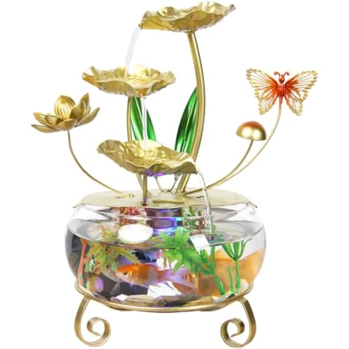 Gold Lotus Flower Water Fountain with LED Lights and Fish Tank,Luxury Elegant Lotus Ornament,Creative Tabletop Decoration for Home and Office,Relaxing Ambiance Indoor Waterfall (Single Lamp)