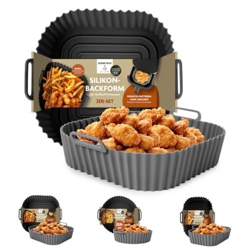 GOURMETmaxx BY KITCHBO Silikon-Backform 2er Set quadratisch 20x20cm, 5cm Höhe für fast alle Heissluft-Fritteusen ab 4 Liter | Perfektes Frittieren ohne Ankleben,wiederverwendbar, optimale Zirkulation