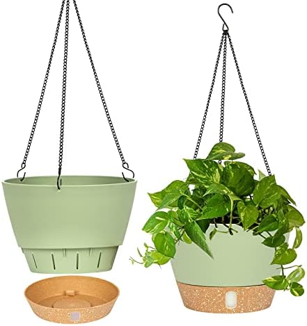 QCQHDU 2 Pack Hanging Planters Set,10 Inch Indoor Outdoor Hanging Plant Pot Basket,Hanging Flower Pot with Drainage Hole with 3 Hooks for Garden Home(Green)