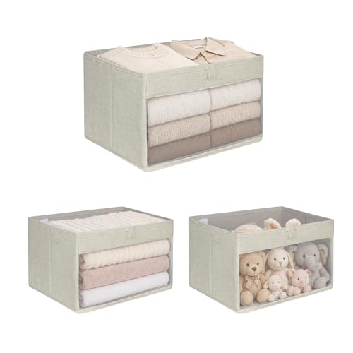 WUIKE Closet Storage Bins, Clear Window, Linen Beige, Large, 3-Pack