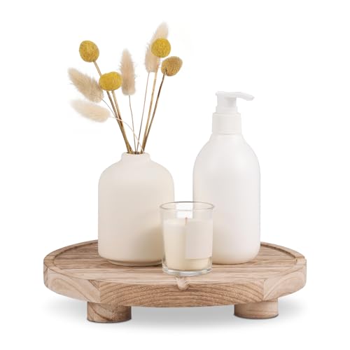10'' Round Wooden Tray Pedestal Stand, Farmhouse Bathroom Decor Riser for Soap Dispenser, Perfume...