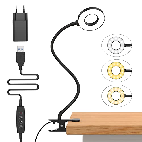 iZELL 10W Lampe de Bureau à Pince avec Adaptateur USB[3 Modes d’Éclairage &10 Niveaux de Luminosité] Flexible à 360°Lampe Lecture Clipsable, 40CM Lampe Bureau Led pour Maison/Bureau