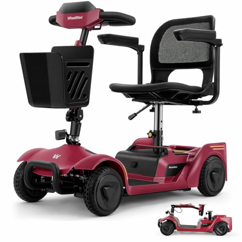 WheelWavi 4-Wheel Mobility Scooter for Seniors, Foldable with NFC Keyless Start, 15-Mile Range, 300 lb Capacity, Swivel Seat & Removable Battery, Raspberry Red