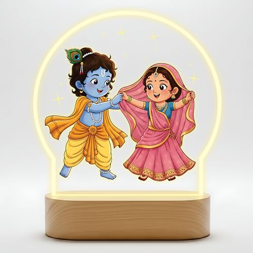 Image of Giftplease Little Krishna & Radha Full-Color LED Lamp - Cute Bal Gopal & Radha Rani Night Light with Warm Glow Base - Religious Home Decor, Janmashtami Gift & Kids Room Spiritual Bedside Lamp GL 16