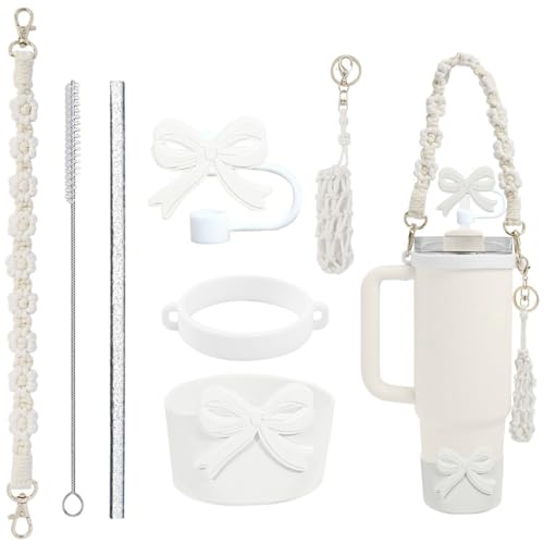 7PCS Stanley Cup Accessories Set for 30oz 40oz Tumbler Including Silicone Stanley Cup Boot Straw Cover Straw and Brush Water Bottle Handle Strap Tumbler Charms Decorations Tumbler Accessories(White)