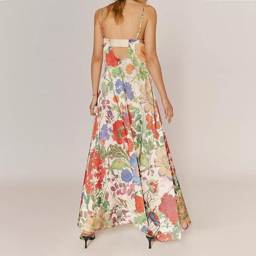 Image of Women Floral Maxi Dress Spaghetti Straps V Neck Lace Patchwork Flowy Tiered Boho Beach Sundress Long Dresses