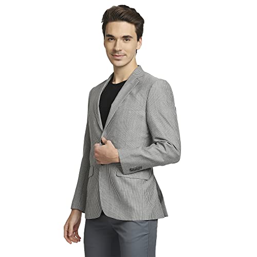 Image of Colorplus Men's Contemporary Fit Terry Rayon Blend Notch Collar Herringbone Pattern Full Sleeve Navy Casual Blazer
