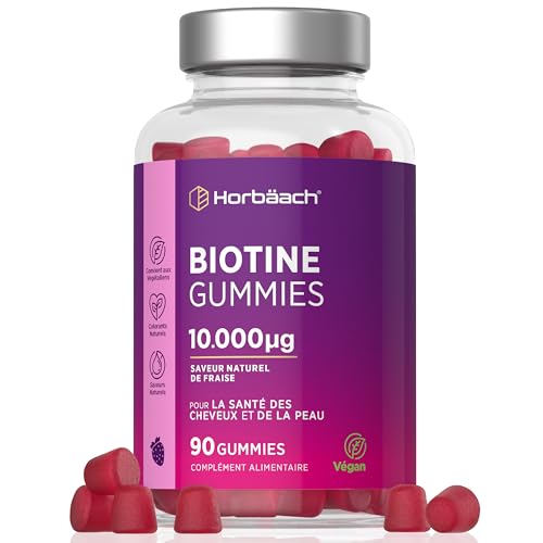 Biotine 10000 mcg Gummies | 90 Gommes Végan | Vitamines pour Cheveux Peau et Ongles | Saveur Naturel de Fraise | par Horbaach