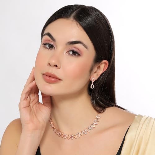 Image of Nilu's Collection Rose Gold Plated Necklace Set With Matching Earrrings For Women And Girls | Anti-Tarnish | Anti-Allergy| Anniversary Gift |Gifting