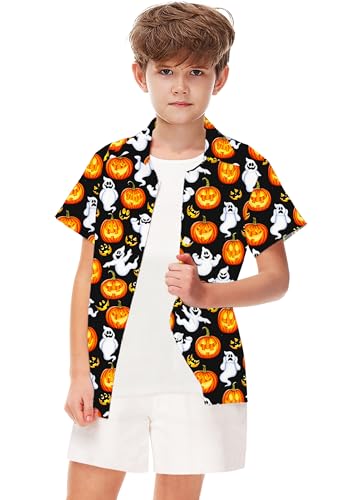Image of Remimi Unisex Kids Halloween Shirt Boys Pumpkin Ghost Shirts Hawaii Button Up Tops 5-14 Years