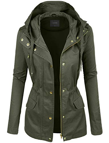 LE3NO Womens Cotton Hooded Military Safari Anorak Jacket, OLIVE, Small
