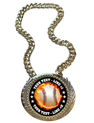 Express Medals Metal Version Flame Baseball Champ Chain Trophy with 2 Lines of Personalized Custom Text on a Large Award Medal and Attached 34 inch Long Metal Neck Chain. EMFCL808