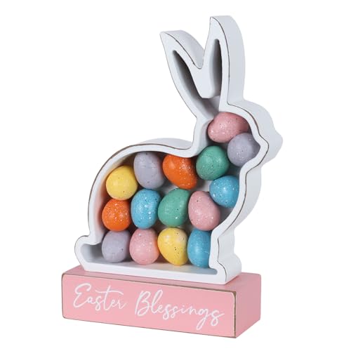 Easter Decorations, MEETYAMOR Bunny with Eggs Farmhouse Wood Block Easter Decor, Blessings Sign Bunny Decorations Indoor for Home, Living Room, Tables, Mantel