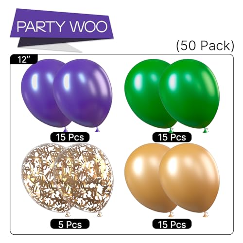 Image of PartyWoo Purple Green Gold Balloons 50pcs 12 Inch Dark Purple Balloons | Dark Green Confetti Latex for Graduation Mardi Gras Carnival Little Mermaid Aladdin Birthday Wedding Party Decorations