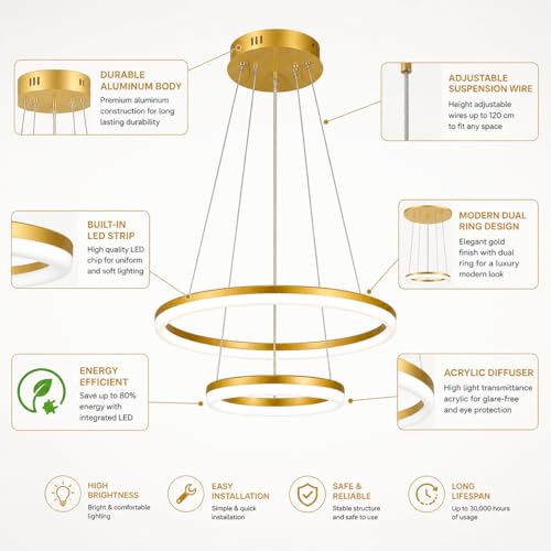 Image of SINOMAN Modern Contemporary Spiral LED 2 Ring Chandelier Hanging Ceiling Pendant Light - Adjustable Height with 3 Color Lighting Modes Ideal for Living Room /Bedroom /Home (Gold)