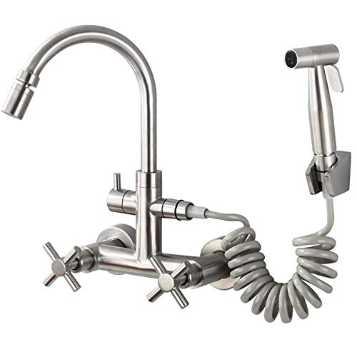 Grudetas de cocina de montaje en la pared, pistola de pulverización, acero inoxidable 304, manija doble, pared doble, montañes de pared, grifo de agua caliente, fregadero, lavabo, tubo curvado de la