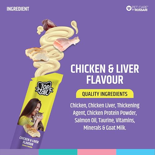 Image of Toptail Squeezy Creamy Treats for Cat | Chicken & Liver Flavour | 60 Grams (12g x 5 Sachets) | Creamy Lickable Treats for Cats, Rich in Omega-3 & 6 Fatty Acids