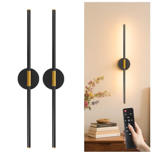 GvvooHome 28.3" Battery Operated Wall Sconces Set of 2, 360°Rotation Rechargeable Wall Lights with Remote Control, 3000K-6500K LED Detachable Wall Lamp for Bedroom, Hallway, Black Gold by GvvooHome - Used condition - US$51.50
