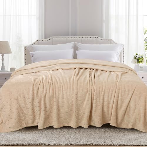 TOONOW Fleece Bed Blanket Queen Size 90x90 inches, Super Soft Fluffy Fuzzy Plush Blanket Geometric Pattern Cozy Microfiber Flannel Blankets for Couch, Bed, Sofa, Apricot