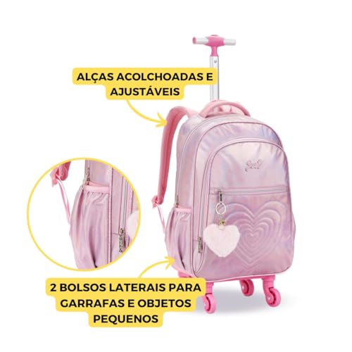 Kit Mochila Rodinha 360° Coração Metalizada Escolar Meninas (ROSA)