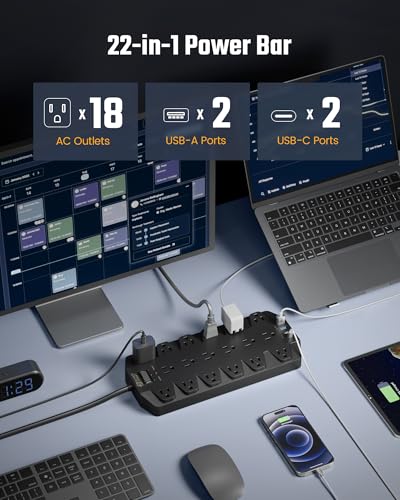 Power Bars with Surge Protector, SUPERDANNY 18 Widely-Spaced AC Outlets and 4 USB Ports(2A2C) - image 2