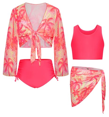 Image of GRACE KARIN Girls Bathing Suit Adjustable Taniki Swimsuit Tie Front 4 Piece Bikini Set with Kimono Cover Up 6-14